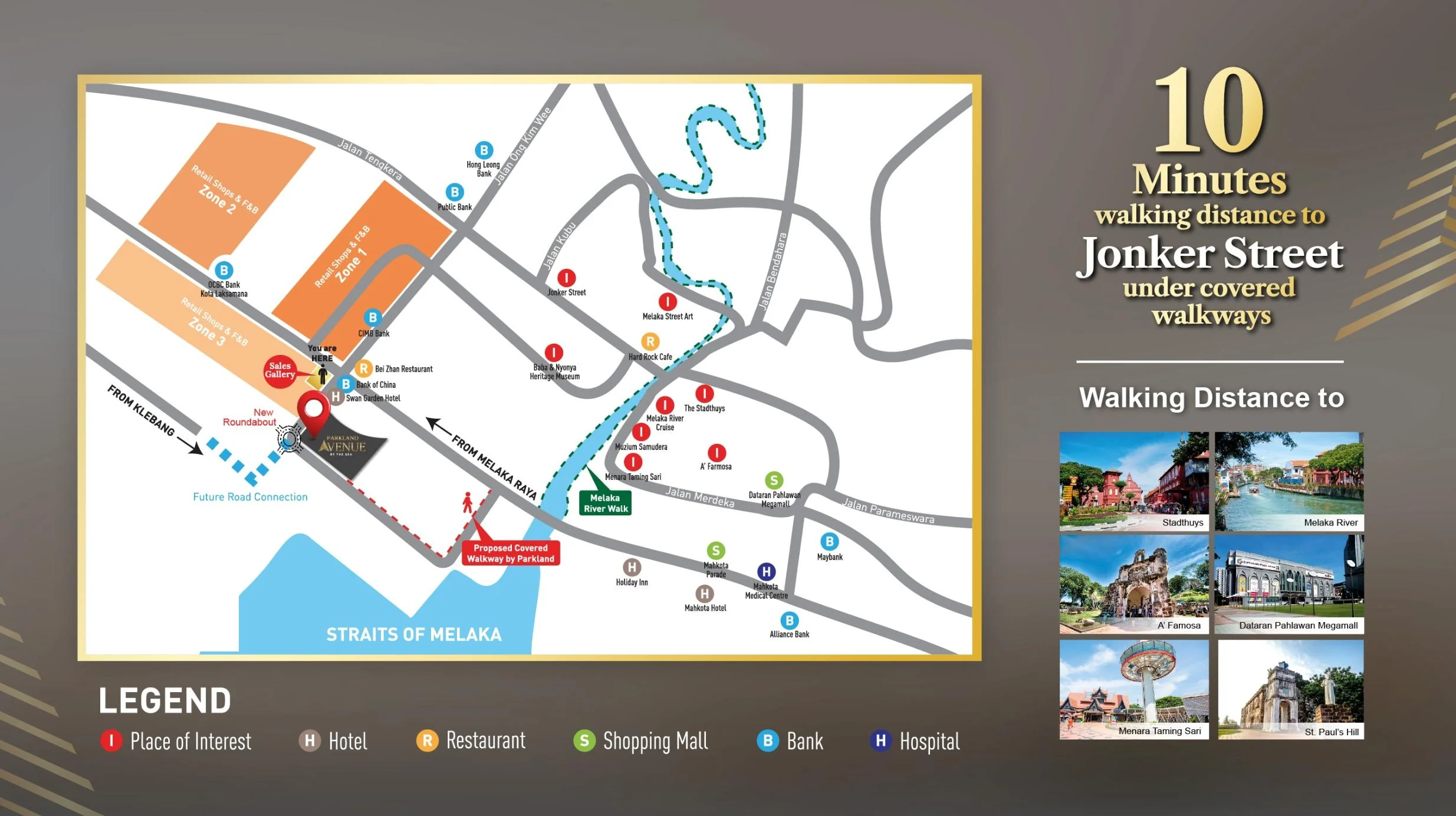 Location map from the sales kit showing Parkland Avenue by The Sea beside the Straits of Melaka, with Jonker Street and heritage attractions nearby