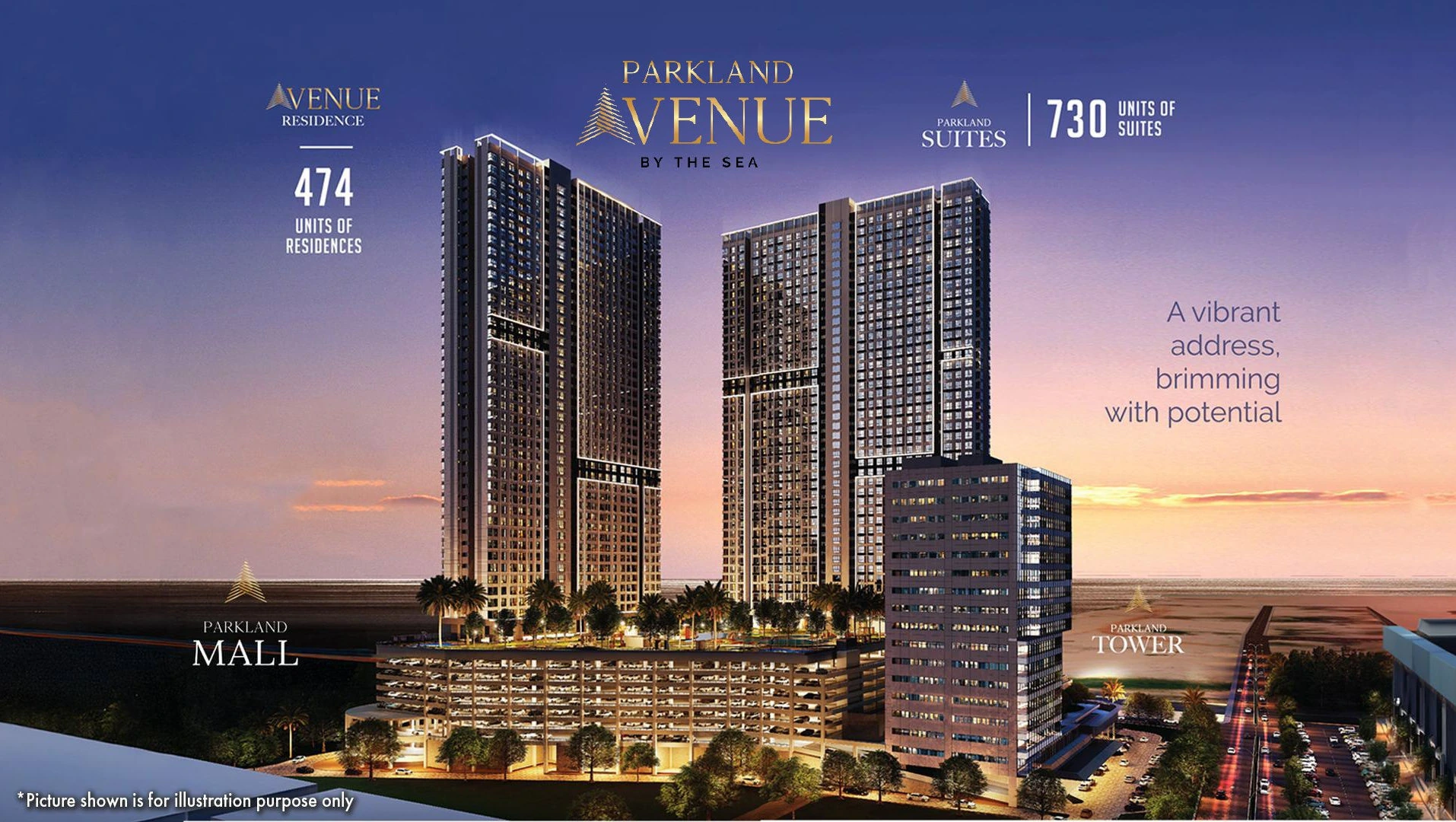 Artist's impression of Parkland Avenue by The Sea showing Avenue Residence, Parkland Suites, Parkland Mall and Parkland Tower