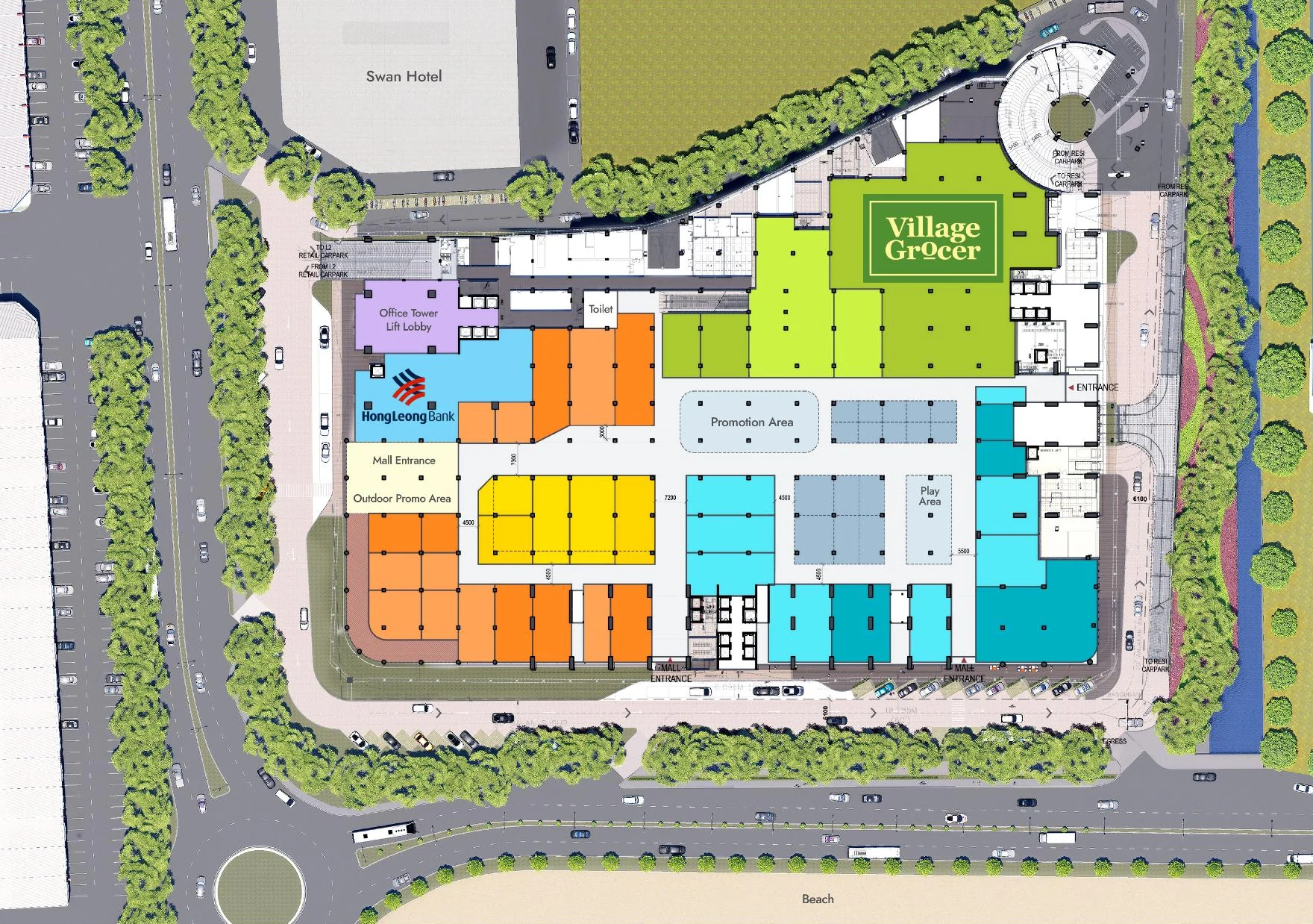 Parkland Mall retail floor plan showing Village Grocer, Hong Leong Bank, mall entrances, promotion area and play area